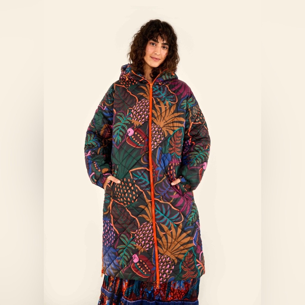 Farm Rio blue cool leopard long reversible long puffer jacket nwt